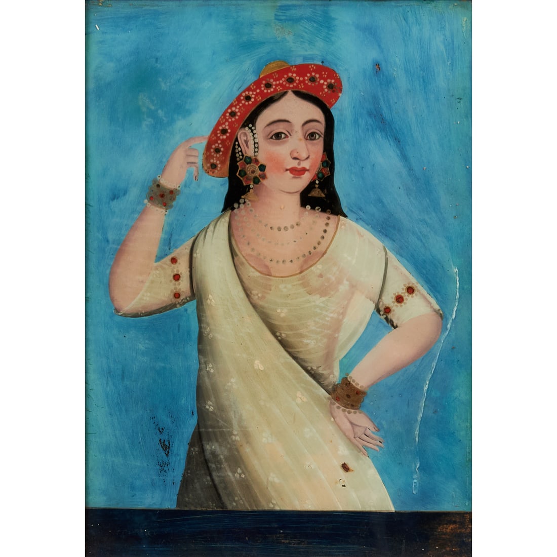 Indian Reverse Glass Painting of Woman: Indian reverse glass painting of woman, portrait of a woman in a red hat and sheer sari, in antique frame,[approximate dimensions - overall: 22 5/8" H x 16 5/8" W].