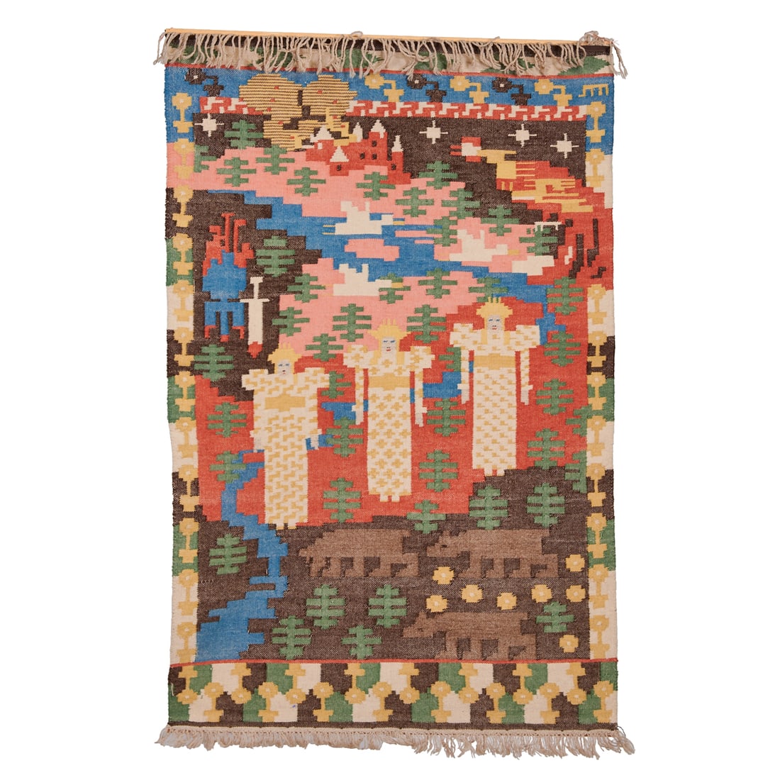 Gerhard Peter Frantz Vilhelm Munthe Tapestry: Gerhard Peter Frantz Vilhelm Munthe Tapestry, abstract figures in a field, from Den Rode Hane, by Ingrid Nymo.Nailed to a 1" x 36" strip of wood. Circa 1900. Gerhard Peter Franz Vilhelm Munthe (Norse,