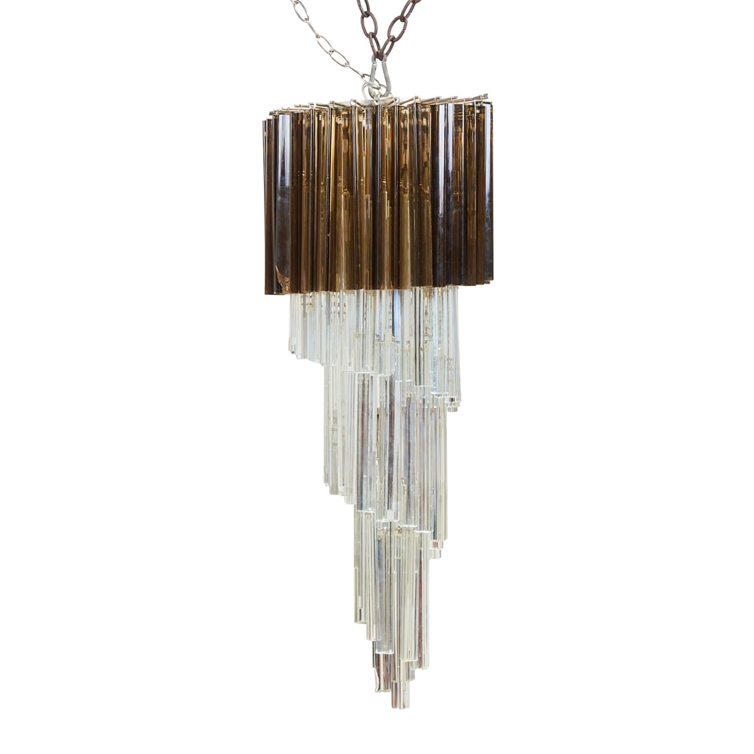 Modern Italian Murano Pendant Chandelier: Modern Italian Murano Pendant Chandelier, eight lights with elongated prismatic smoky grey brown and clear pendant drops, pendant from a chrome metal cylindrical structure.{Approximate dimensions