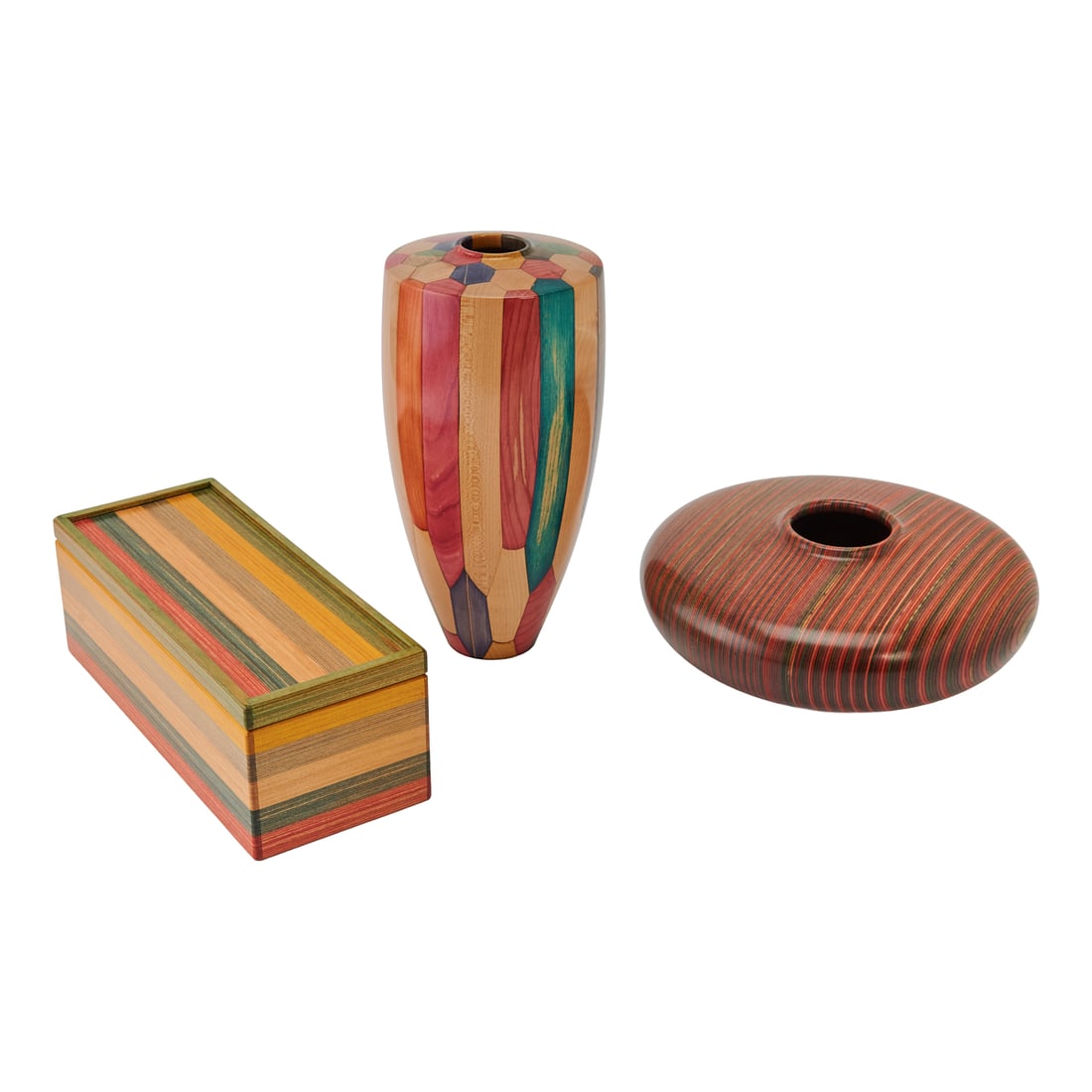 Three Howard Lewin Dyed Maple Articles: Vase, Bowl and a Box: Three Howard Lewin Dyed Maple Articles: Vase, Bowl and a Box, each item surface painted with various geometric designs. Box incised in script, "Howard Lewin, 1/92," low bowl, "Howard Lewin 6/92."