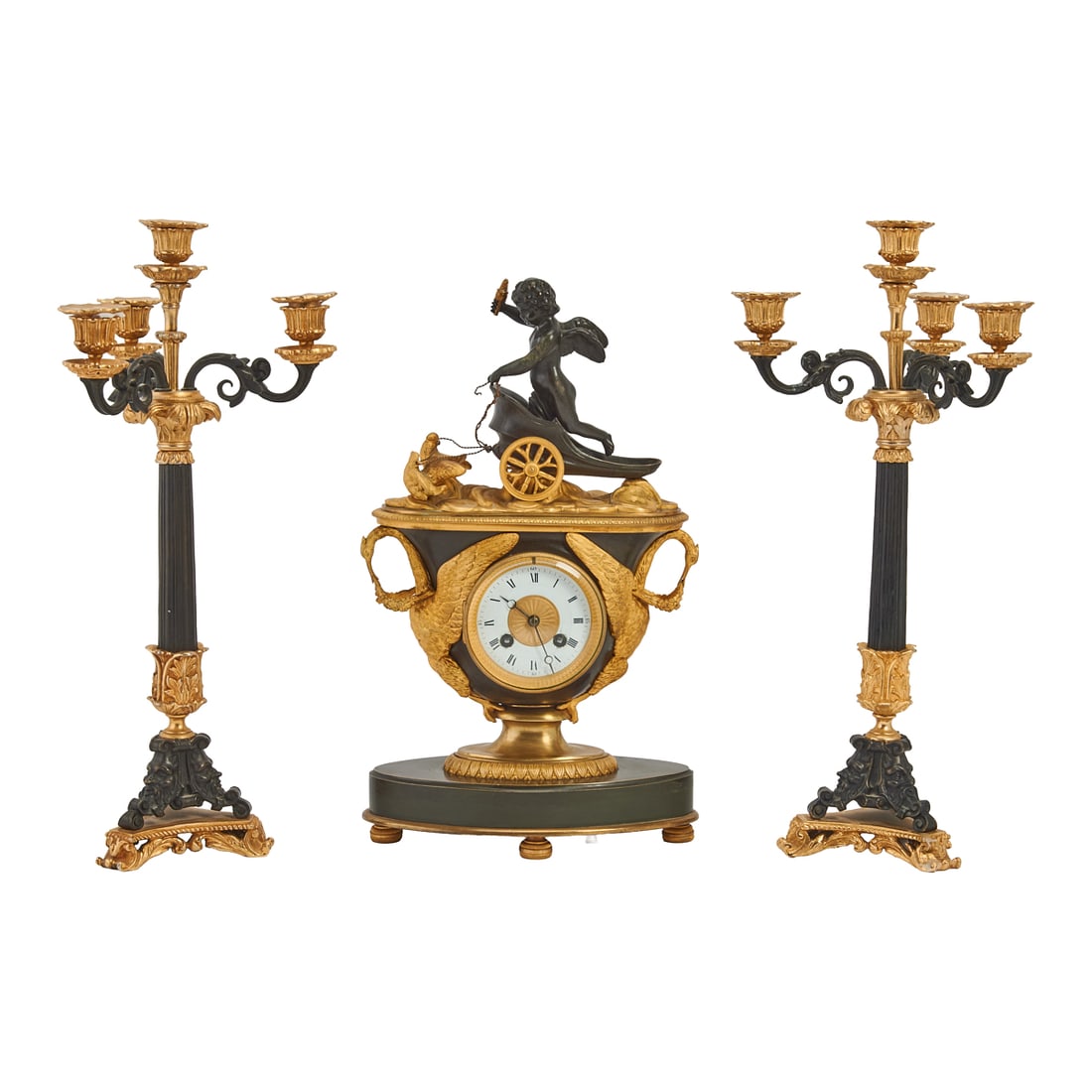 Empire Style Gilt and Patinated Bronze Clock Garniture (1 of 9)