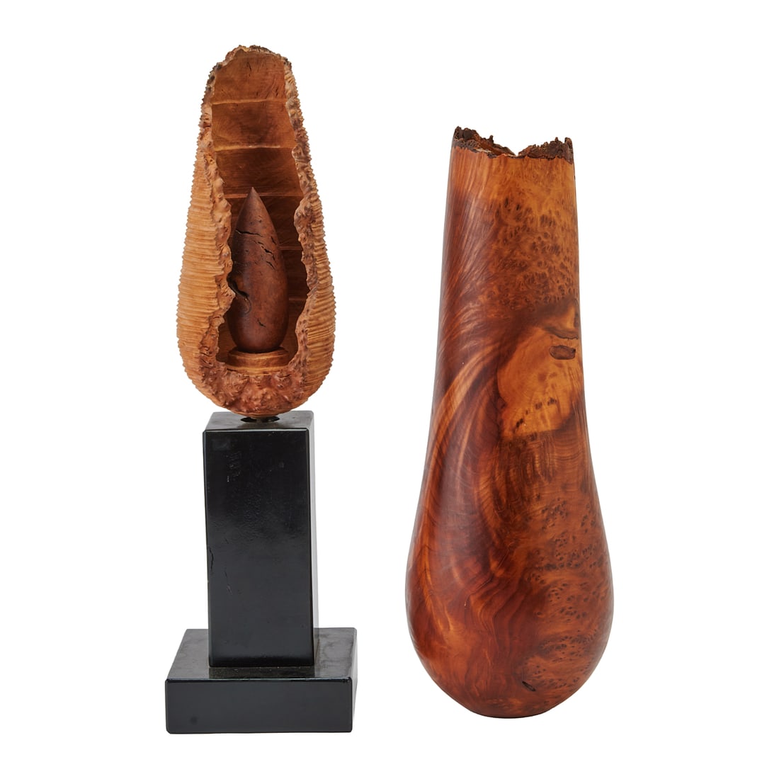 Christian Burchard Sculptural Vase and Vessel on Stand: Christian Burchard Sculptural Vase and Vessel on Stand, comprising a redwood lace burl vase with live edge over lightly flaring body, rounded base, and "Great Gifts from the Mother #8," curved