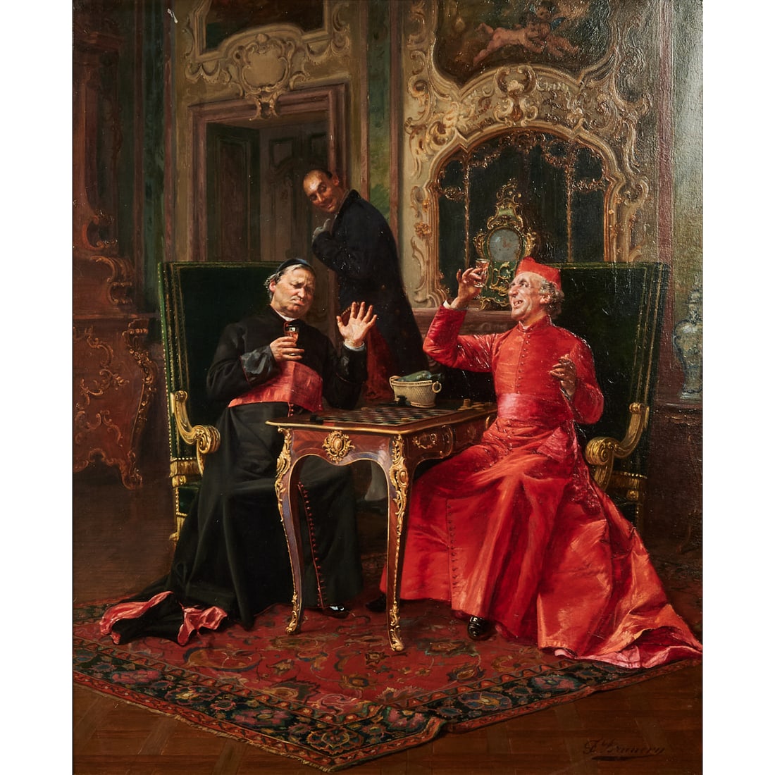 Francois Brunery "A Doubtful Bottle" Oil on Board: Francois Brunery (French, 1849 - 1926), A Doubtful Bottle, oil on panel,[approximate dimensions - panel: 24 1/4" H x 19 1/2" W], signed lower right, gilt metal plaque on frame includes artist name and