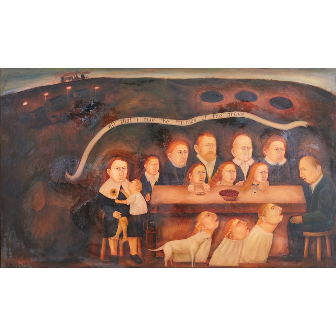 Helen Flockhart, All That I Owe..., Oil on Canvas: Helen Flockhart (Scottish, born 1963), "All That I Owe the Fellows of the Grave," oil on canvas,[approximate dimensions - canvas: 49" H x 80" W],signed lower left corner.