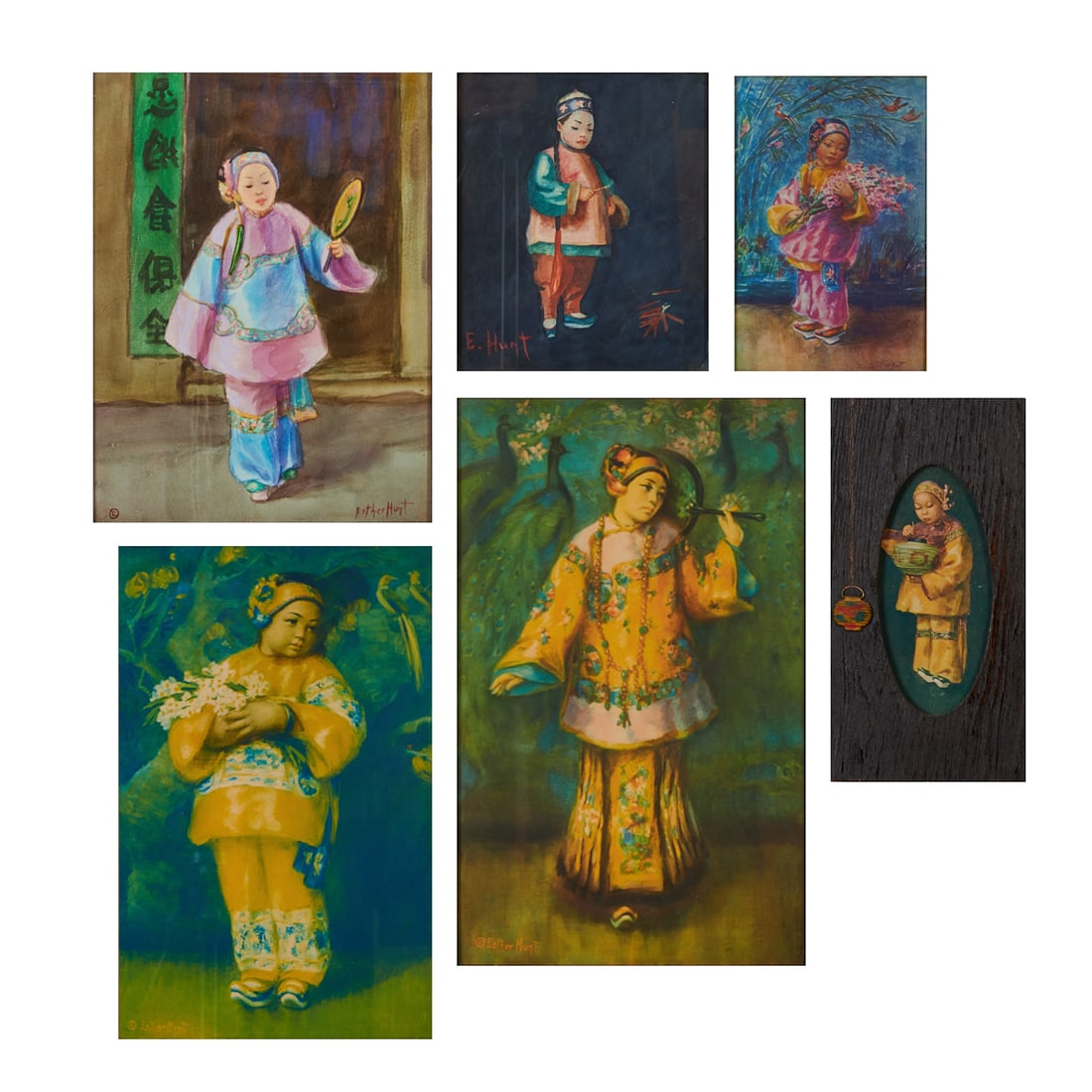 Esther Hunt, Celebrating and Chinese Dancer, Two Watercolors: Esther Hunt (American, 1875-1951), two watercolors along with four off-set prints with original handpainted frames, (i)"Celebrating," watercolor, signed lower right, and titled at verso, (i) "Chinese