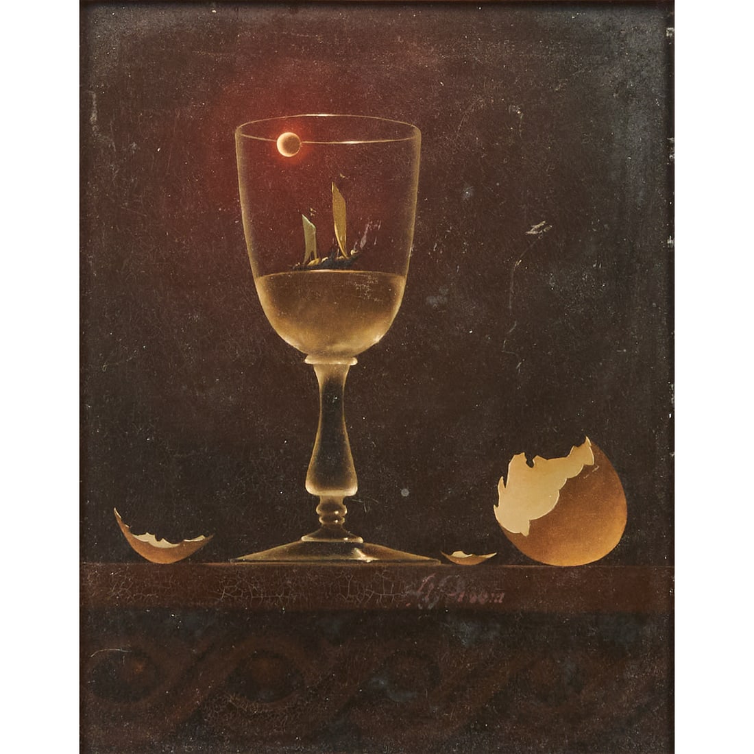 Al Proom, Still Life, Oil on Board: AlProom (American, 1933 - 2006), Still Life with Wine,Egg Shell, and Ship at Moonlight, oil on board,[approximate dimensions - board: 9 7/8" H x 7 7/8" W], signed Al Proom lower right side.