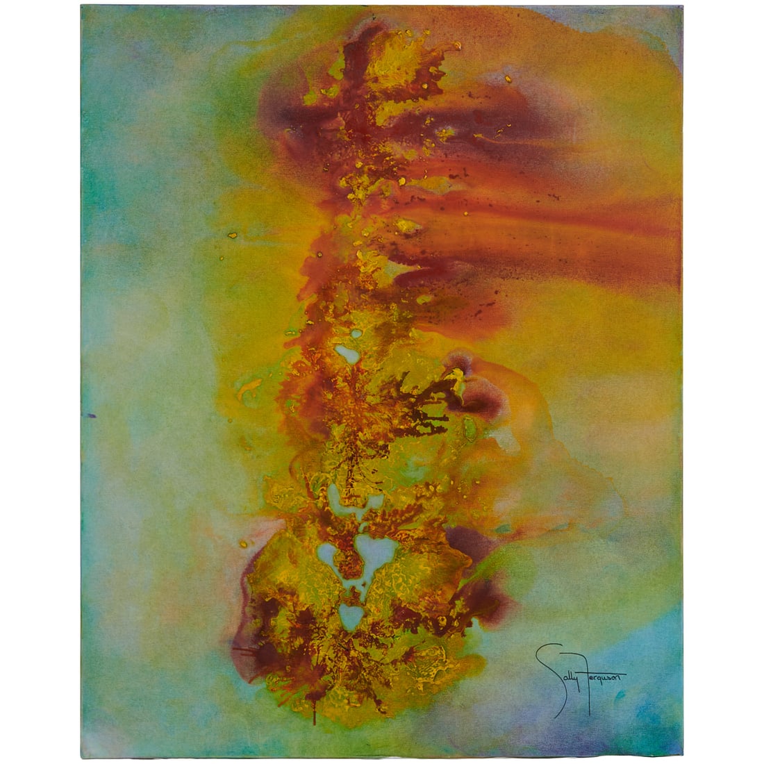 Sally Ferguson, Abstract, Acrylic on Canvas: Sally Ferguson (20th Century), Abstract in Greens and Orange, acrylic on canvas,[approximate dimensions - canvas: 60" H x 48" W], signed lower right; at verso printed label with signaturereads: She is