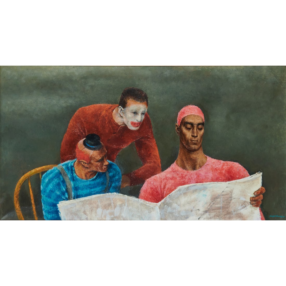 Joseph Hirsch, Clowns and the News, Oil on Canvas: Joseph Hirsch (American, 1910 - 1981), Clowns and the News, 1941, oil on canvas,[approximate dimensions - canvas: 23" H x 42 1/4" W], signed and dated 41 lower right; titled, historic museum loan labe