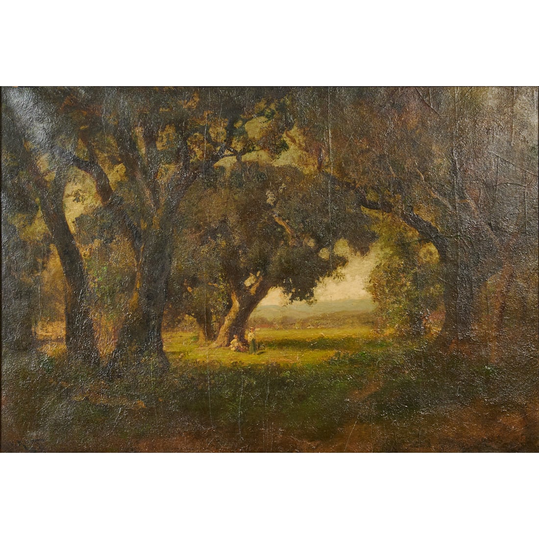 William Keith, Oak Grove with Figures, Oil on Canvas: William Keith (Scottish/American, 1838 - 1911), Oak Grove with Figures,oil on canvas,[approximate dimensions - canvas: 22 1/4" H x 32 1/2" W], signed and region "SF" lower left.