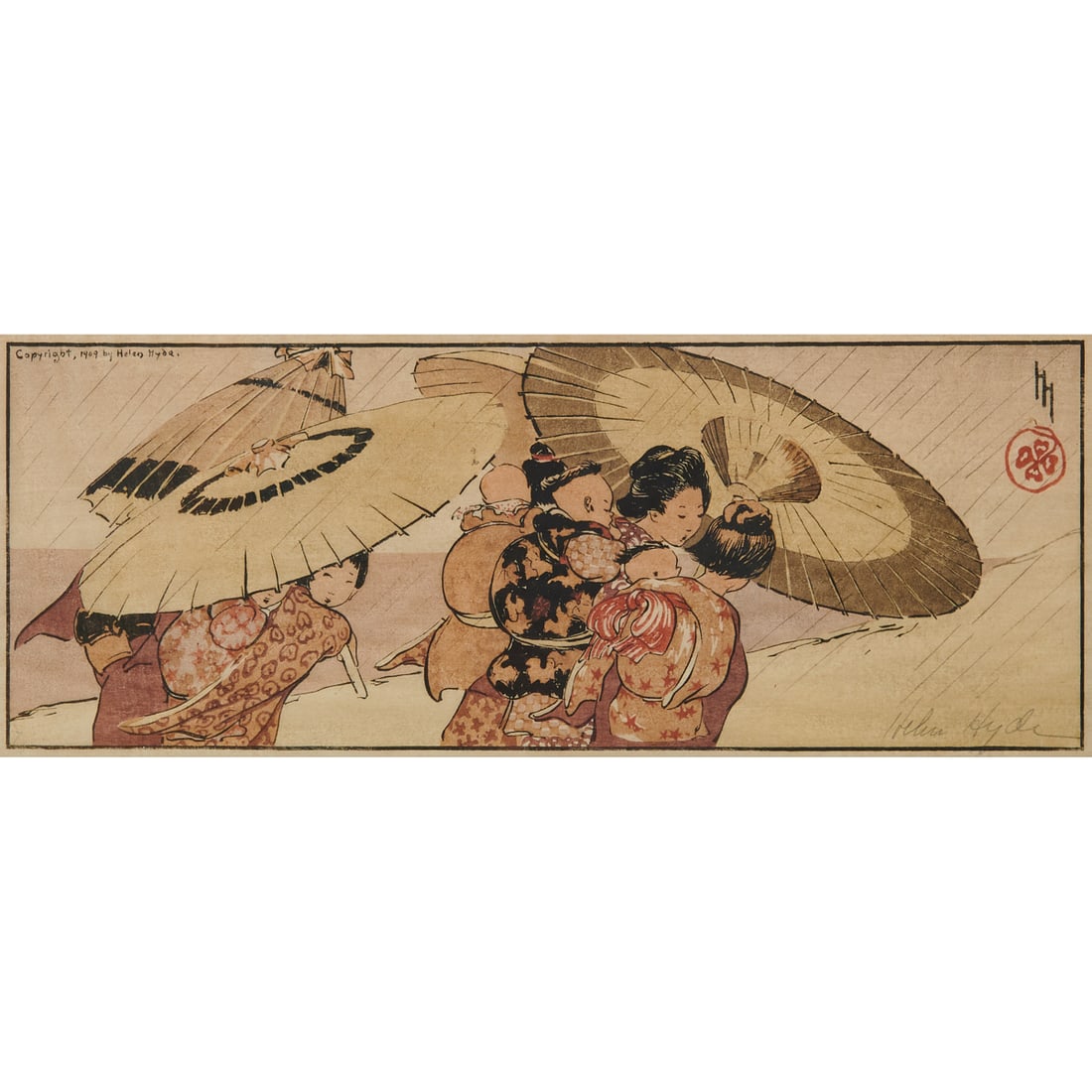 Helen Hyde, A Summer Shower, Woodblock: Helen Hyde (American, 1868-1919), A Summer Shower, 1909, woodblock,[approximate dimensions - plate: 5" H x 13 1/8" W], signed in graphite lower right.