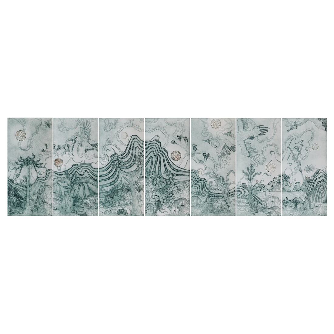 Jesse Allen, Volcanic Archipelago, Seven Etchings: Jesse Patrick Allen (born, 1936), groupof seven aquatint etchings in color, series entitled "Volcanic Archipelago (52)," fourth state,[approximate dimensions - eachplate: 31 3/4" H x 14 1/2" W], each