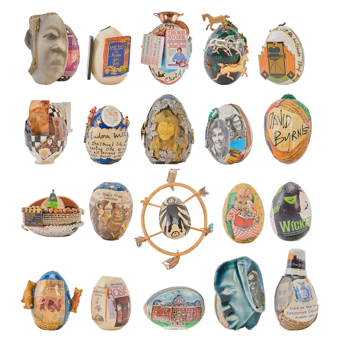 The Nancy Willard Collection of Painted and Decorated Eggs: Nancy Willard (American, 1926-2017)Collection of 120 wooden, glass, and/or plastic eggs, 1980s-1990s,each uniquely painted, decorated, and collaged by Willard, many with moveable or sculptural parts,