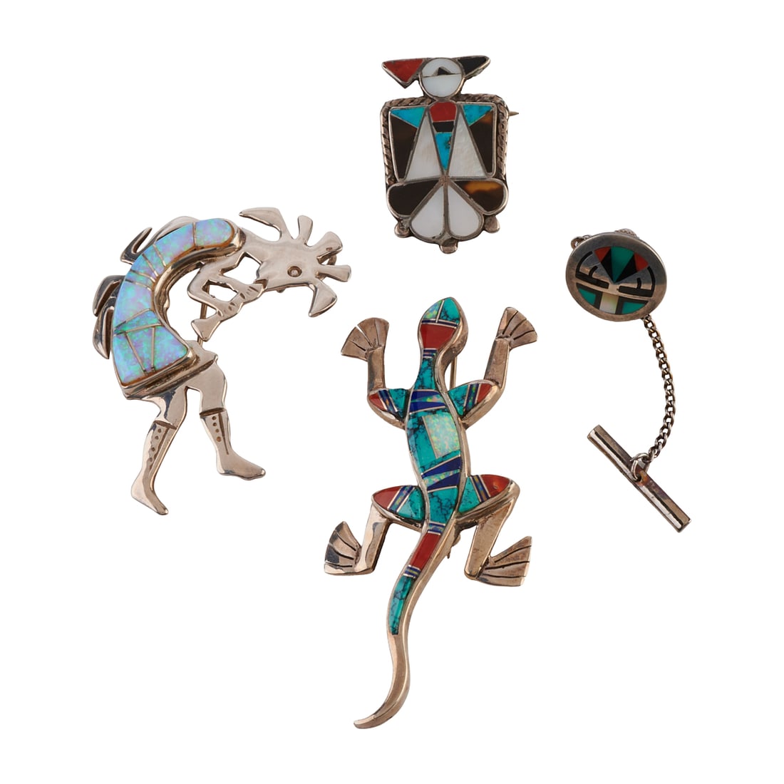 Collection of Four Native American Multi-Stone, Silver Jewelry Items: Collection of Four Native American Multi-Stone, Silver Jewelry Items. Including one synthetic opal, sterling silver kokopelli brooch measuring approximately 51 x 34 mm; one synthetic opal, turquoise,