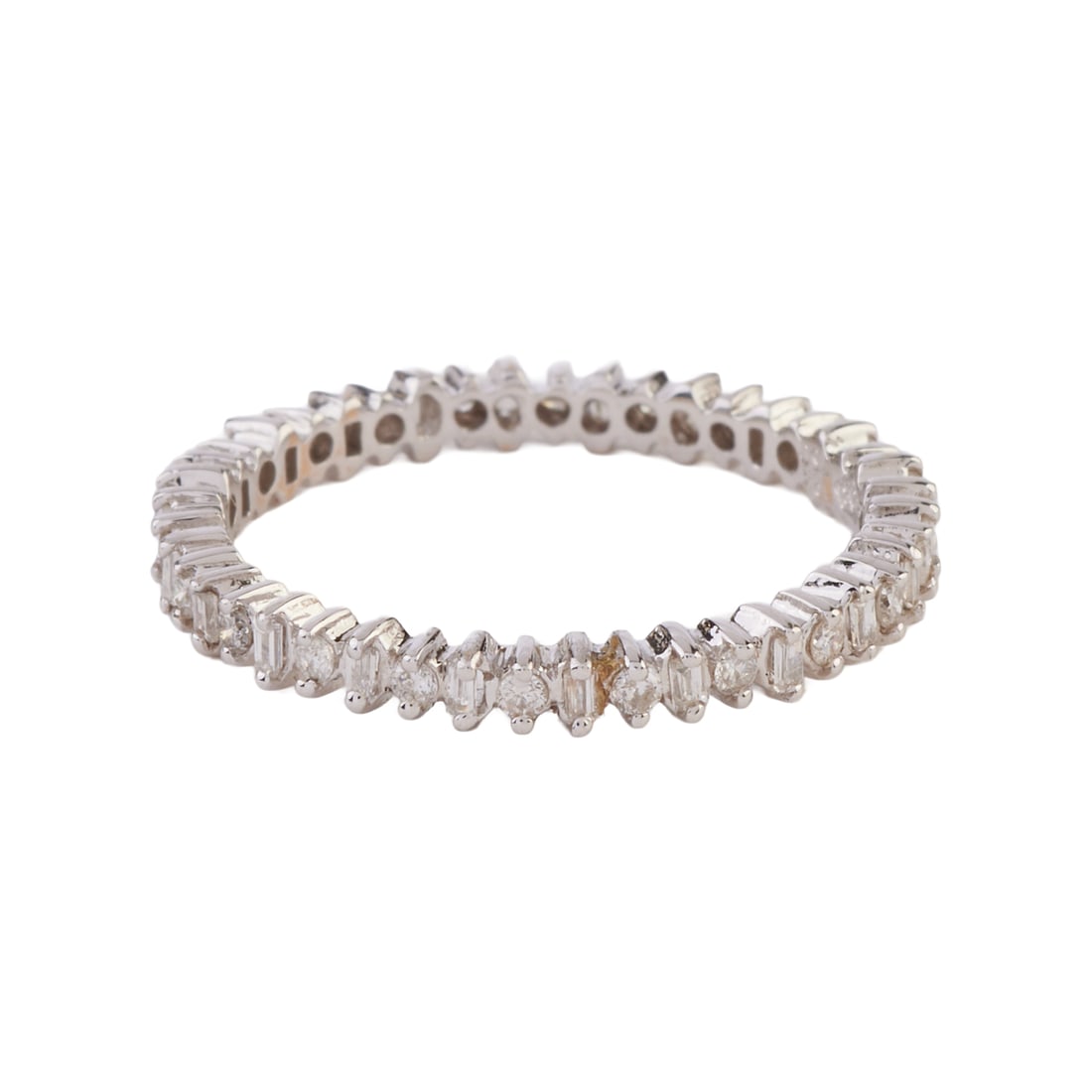 Diamond, 18k White Gold Eternity Band: Diamond, 18k White Gold Eternity Band. Featuring twenty-two full-cut and twenty-two baguette-cut diamonds weighing a total of approximately 0.30 cttw., set in an 18k white gold eternity band