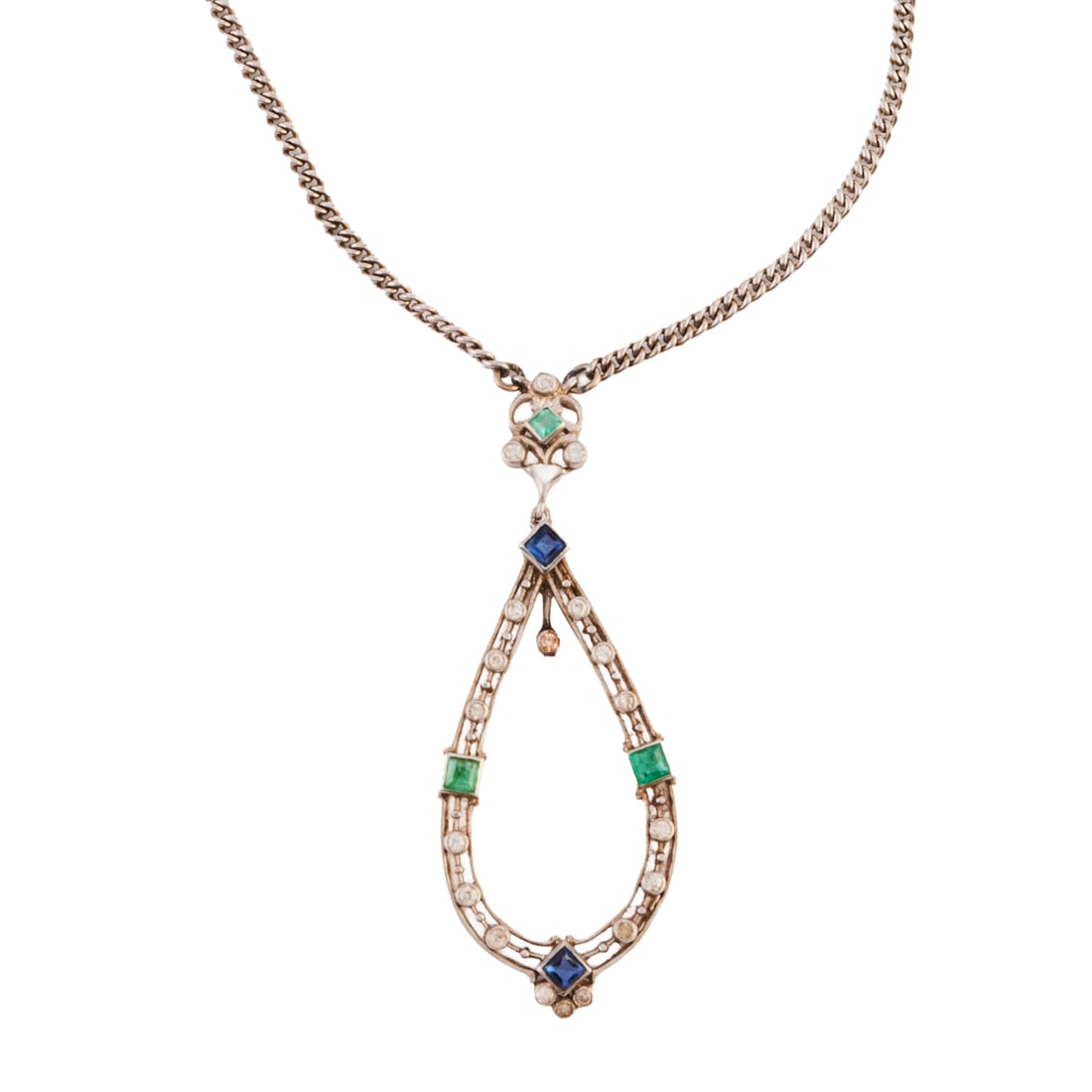 Sapphire, Emerald, Diamond, 14k White Gold, Silver Necklace: Sapphire, Emerald, Diamond, 14k White Gold, Silver Necklace. Featuring two square-cut sapphires and three square-cut emeralds, accented by round-cut diamonds, set in a 14k white gold mounting