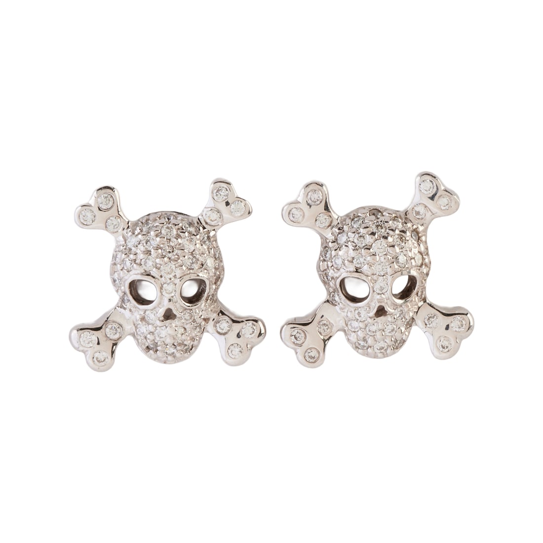 Pair of Roberto Coin Diamond, 18k White Gold Skull and Bones Earrings: Pair of Roberto Coin Diamond, 18k White Gold Skull and Bones Earrings. Designed as skulls with crossed bones, each featuring forty-two full-cut diamonds weighing a total of approximately 0.20 cttw.,
