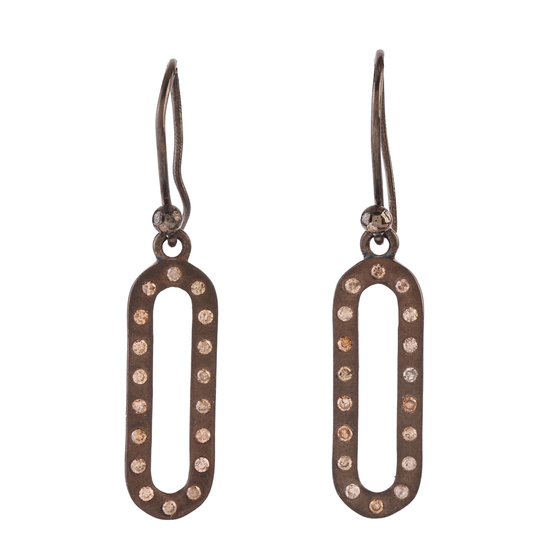 Pair of Diamond, Oxidized Silver Earrings: Pair of Diamond, Oxidized Silver Earrings. Each featuring round-cut diamonds, set in a matte oxidized silver open oval mounting measuring approximately 47 mm in length. Total diamond weight for the