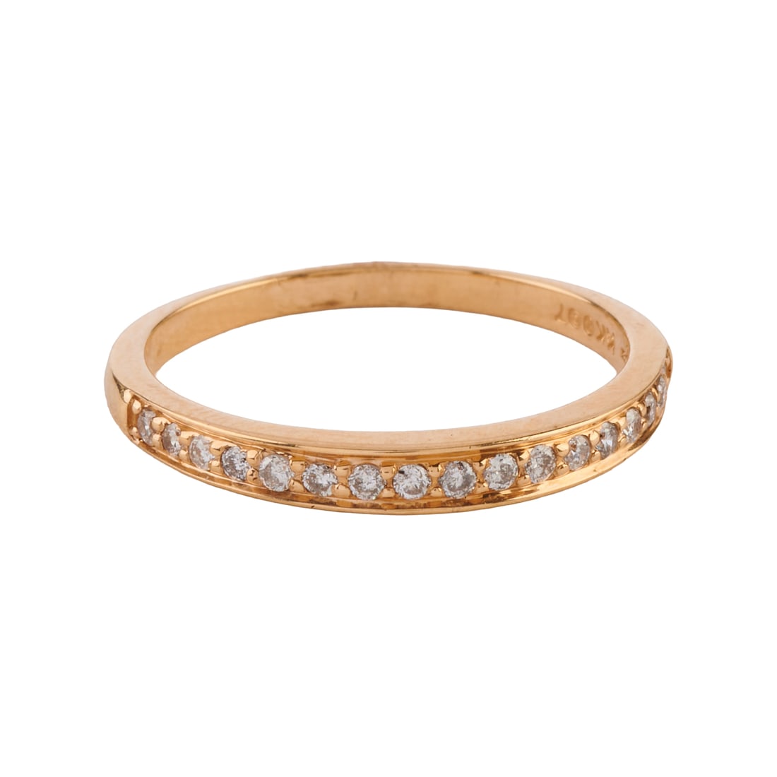 Diamond, 14k Yellow Gold Band: Diamond, 14k Yellow Gold Band. Featuring seventeen full-cut diamonds weighing a total of approximately 0.15 cttw., set in a 14k yellow gold mounting. {Size: 7, Gross Weight: 1.2 dwts}