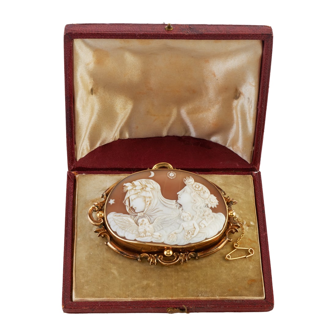 Victorian Shell Cameo, 10k Yellow Gold Brooch in Fitted Box: Victorian Shell Cameo, 10k Yellow Gold Brooch. Depicting the allegory of day and night, featuring Greek goddesses Eos (dawn) and Nyx (night), set in a 10k yellow gold brooch mounting with safety pin