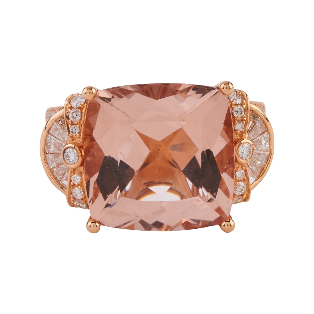 Morganite, Diamond, 18k Rose Gold Ring: Morganite, Diamond, 18k Rose Gold Ring. Featuring one cushion fancy-cut morganite weighing approximately 8.05 cts., accented by thirteen tapered baguette-cut and sixty-eight full-cut diamonds