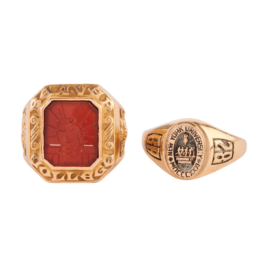 Two Carnelian Intaglio, 10k Yellow Gold Class Rings: Two Carnelian Intaglio, 10k Yellow Gold Class Rings. Including one carnelian intaglio, 10k yellow gold class ring, size 5 1/2 together with one 10k yellow gold New York University class ring, size 6