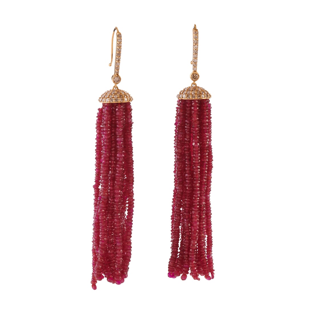 Pair of Ruby Bead, Diamond, 18k Yellow Gold Tassel Earrings: Pair of Ruby Bead, Diamond, 18k Yellow Gold Tassel Earrings. Each featuring numerous faceted ruby beads, suspended from diamond, 18k yellow gold capped tops and measuring approximately 81 mm in