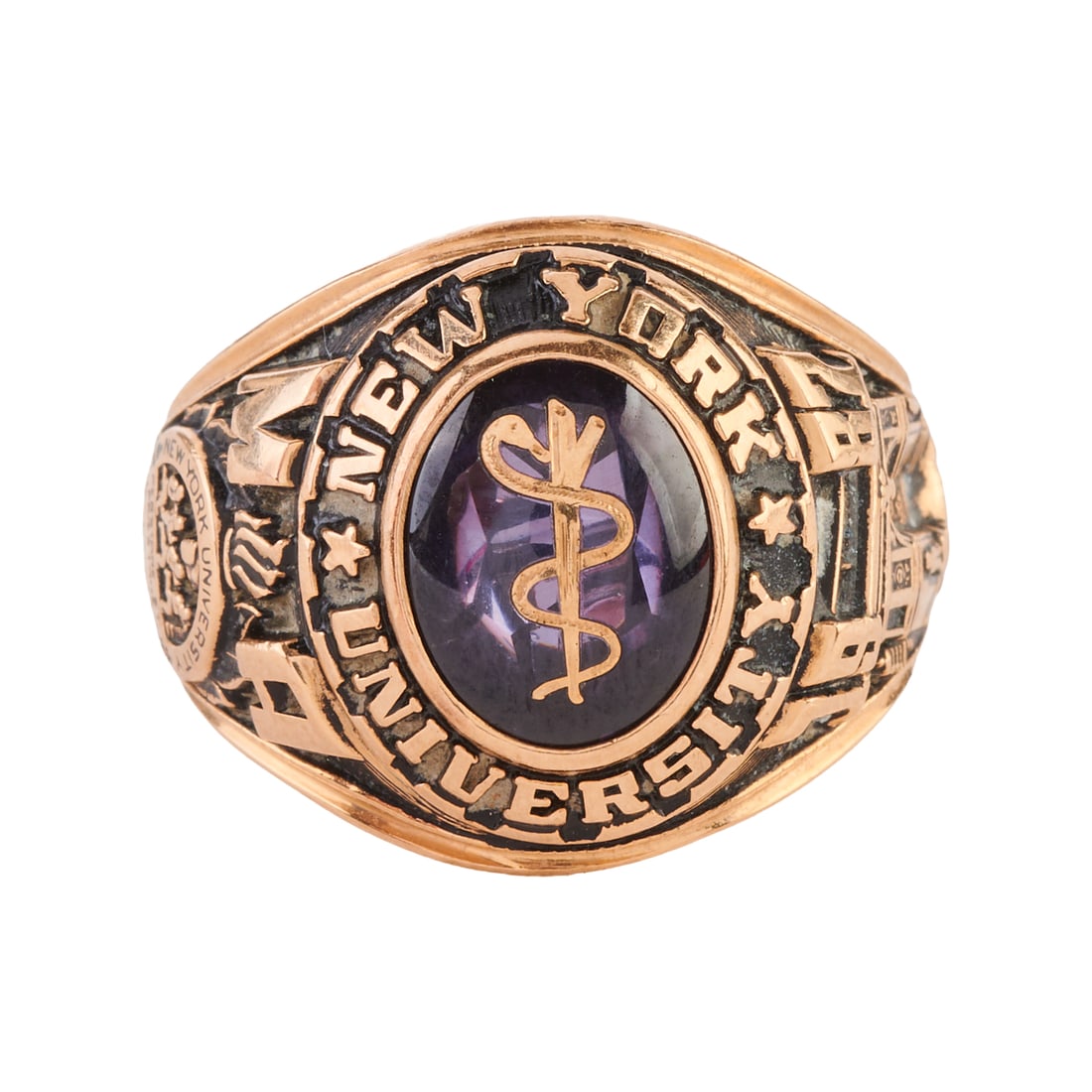Purple Glass, 14k Yellow Gold Class Ring: Purple Glass, 14k Yellow Gold Class Ring. Featuring a purple glass cabochon with gold inlay, set in a 14k yellow gold New York University 1987 class ring. {Size: 6 1/4, Gross Weight: 7.0 dwts}