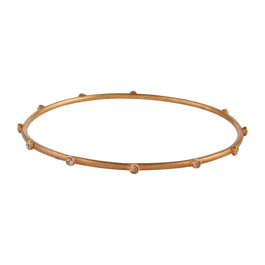 Diamond, 18k Yellow Gold Bracelet: Diamond, 18k Yellow Gold Bracelet. Featuring eleven rose-cut diamonds, bezel set atop an 18k yellow gold bangle bracelet measuring approximately 2 mm in width and with an internal diameter of