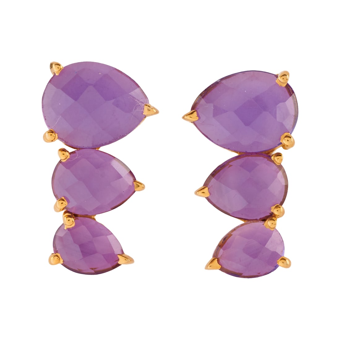 Pair of Amethyst, Vermeil Earrings: Pair of Amethyst, Vermeil Earrings. Each featuring three slightly graduated pear shaped, faceted amethysts, set in a vermeil mounting measuring approximately 20 x 11 mm. {Gross Weight: 2.3 dwts}