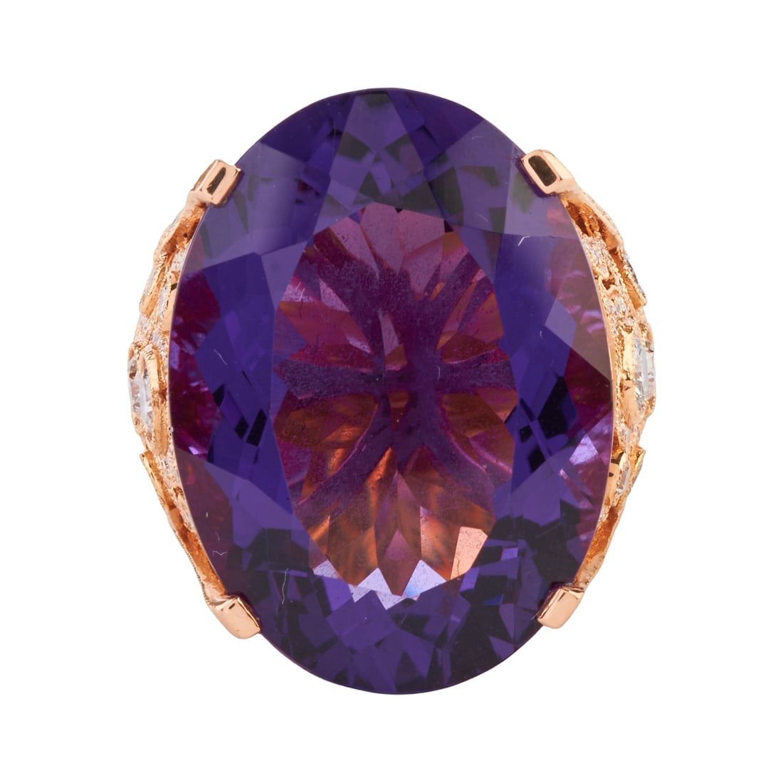 Amethyst, Diamond, 18k Rose Gold Ring: Amethyst, Diamond, 18k Rose Gold Ring. Featuring one oval-cut amethyst weighing approximately 25.50 cts., accented by eighteen full-cut and one hundred and ninety-eight single-cut diamonds weighing a
