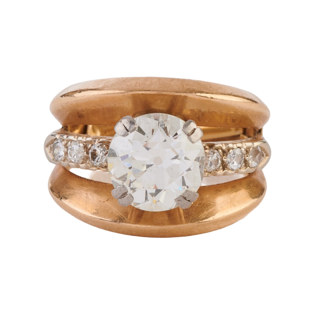 Diamond, Platinum, 14k Yellow Gold Ring: Diamond, Platinum, 14k Yellow Gold Ring. Featuring one old European-cut diamond weighing approximately 2.20 cts., accented by six old European-cut diamonds weighing a total of approximately 0.25