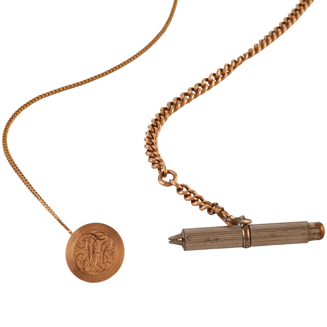 Two 10k Rose Gold, Metal Watch Chains and Fobs: Two 10k Rose Gold, Metal Watch Chains and Fobs. Including one 10k rose gold curb link measuring approximately 4 mm in width, terminated by a metal pencil and a gold-filled clasp and measuring