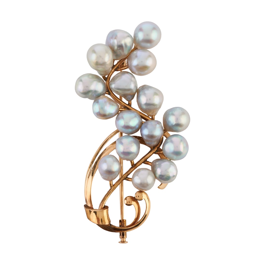 Mikimoto Cultured Pearl, 14k Yellow Gold Brooch: Mikimoto Cultured Pearl, 14k Yellow Gold Brooch. Featuring sixteen cultured pearls measuring approximately 7.5 to 6 mm, set in a 14k yellow gold mounting measuring approximately 60 x 32 mm. {Gross