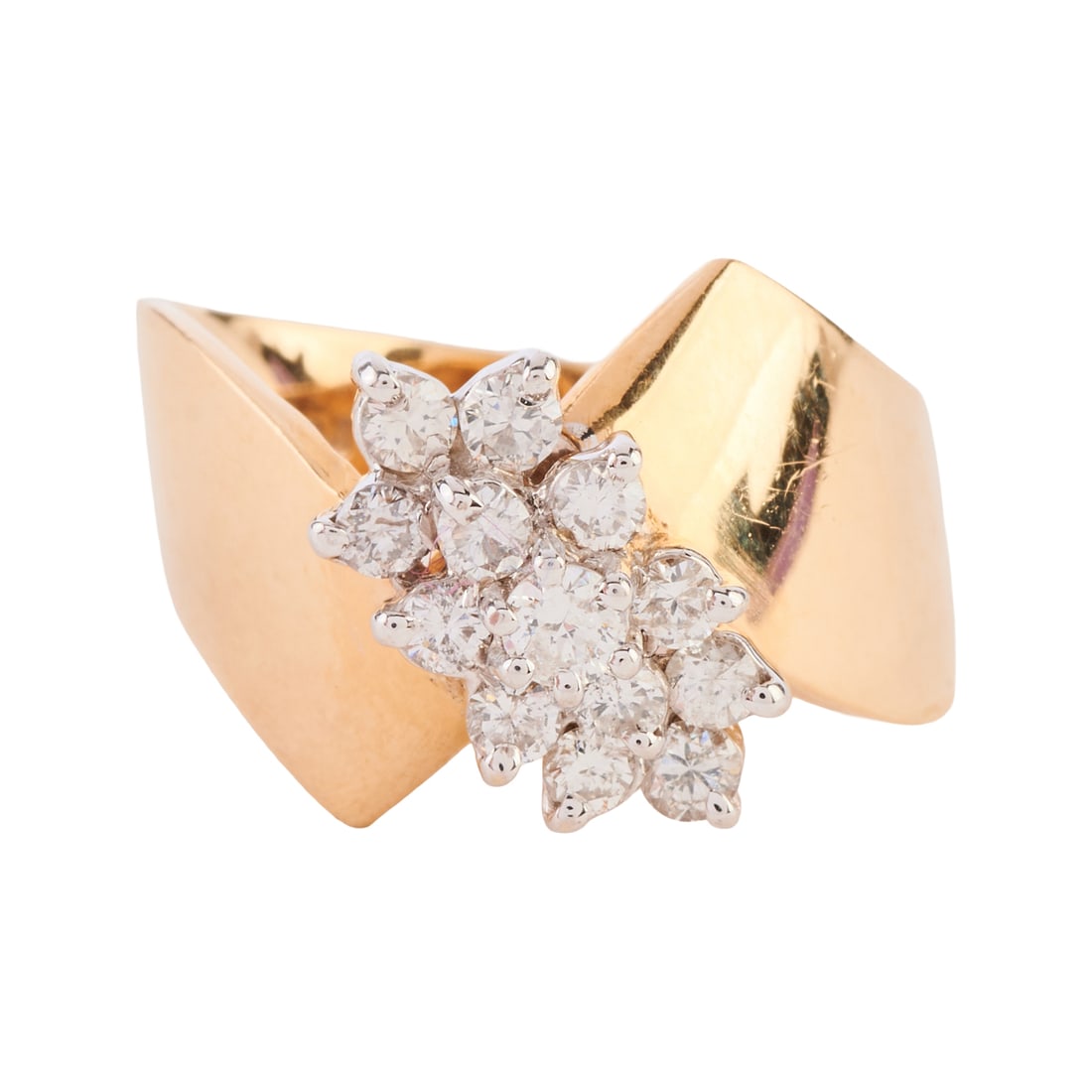 Diamond, 14k Yellow Gold Ring: Diamond, 14k Yellow Gold Ring. Featuring thirteen full-cut diamonds weighing a total of approximately 0.75 cttw., set in a 14k yellow gold mounting. {Size: 7 1/2, Gross Weight: 5.8 dwts}
