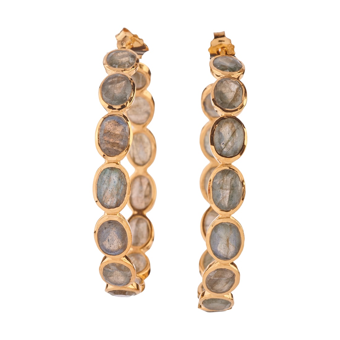 Pair of Labradorite, Vermeil Hoop Earrings: Pair of Labradorite, Vermeil Hoop Earrings. Each featuring fourteen oval-cut labradorite, bezel set in a vermeil hoop mounting measuring approximately 45 mm. {Gross Weight: 6.8 dwts}