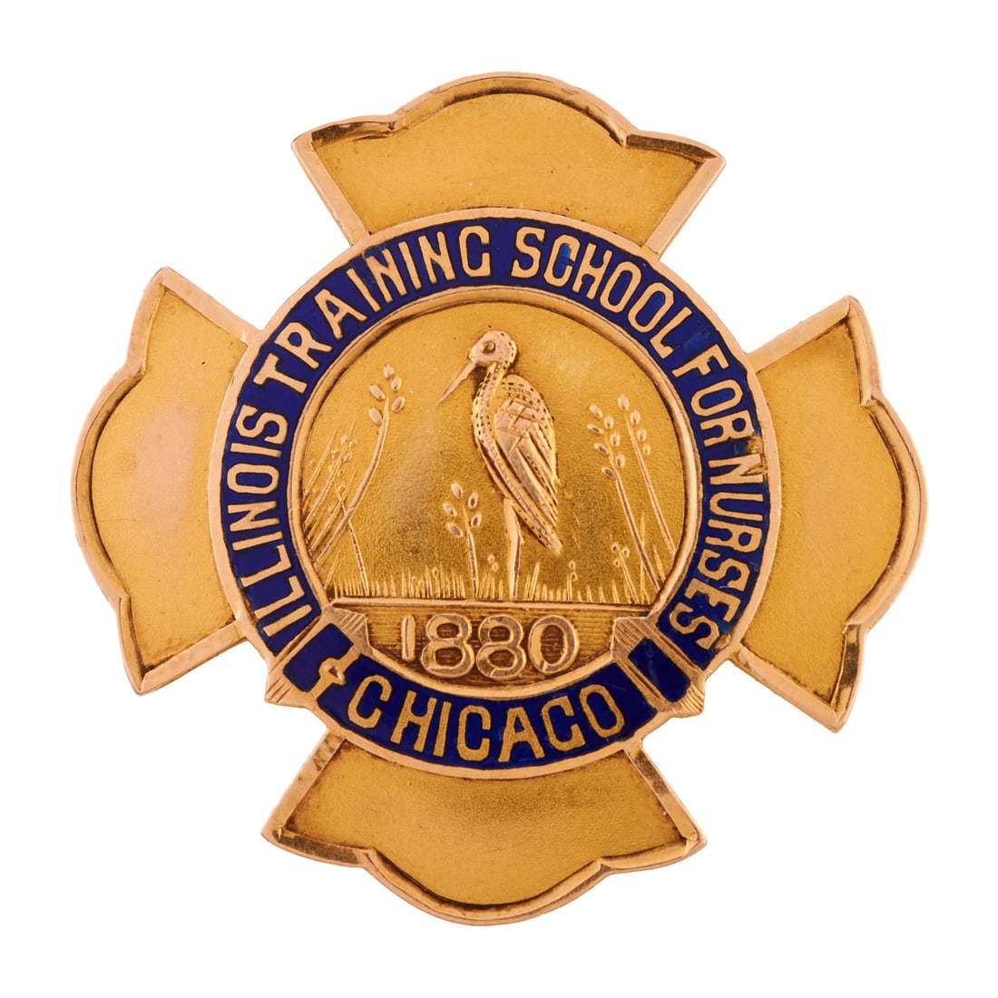 Enamel, 14k Yellow Gold Nurses Pin: Enamel, 14k Yellow Gold Nurses Pin. Featuring blue enamel, set in a 14k yellow gold mounting labeled "Illinois Training School for Nurses, Chicago, 1880" and measuring approximately 32 mm. {Gross