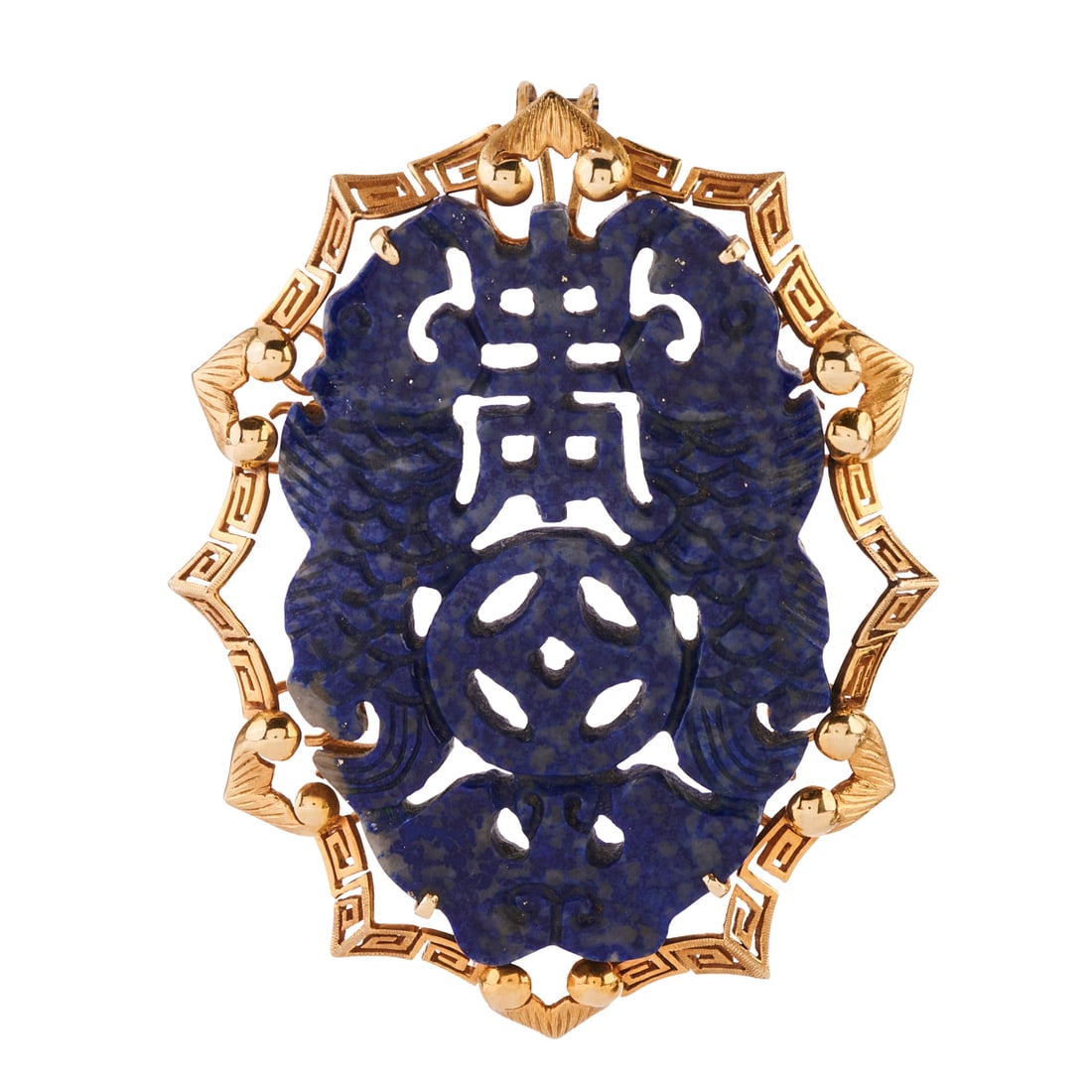 Chinese Lapis Lazuli, 14k Yellow Gold Pendant: Chinese Lapis Lazuli, 14k Yellow Gold Pendant. Featuring a carved lapis lazuli plaque depicting a bat, money and double fish or mythical beasts, set in a 14k yellow gold Greek key and bat wing motif