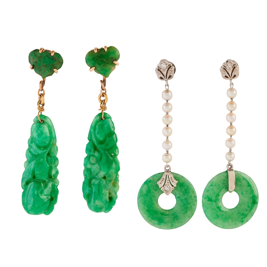 Two Pairs of Jadeite Jade, Diamond, Cultured Pearl, Platinum, 14k Gold Earrings (1 of 3)