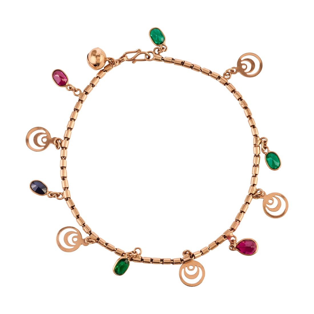 Synthetic Stone, Glass, 14k Rose Gold Bracelet: Synthetic Stone, Glass, 14k Rose Gold Bracelet. Featuring one oval-cut synthetic sapphire, two oval-cut synthetic rubies and three oval-cut green glass, bezel set and interspersed by 14k rose gold