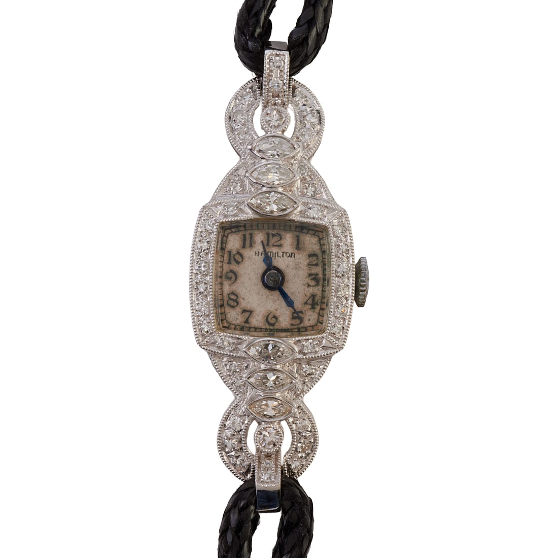 Ladies Art Deco Diamond, Platinum, 18k White Gold, Corded Wristwatch (1 of 4)
