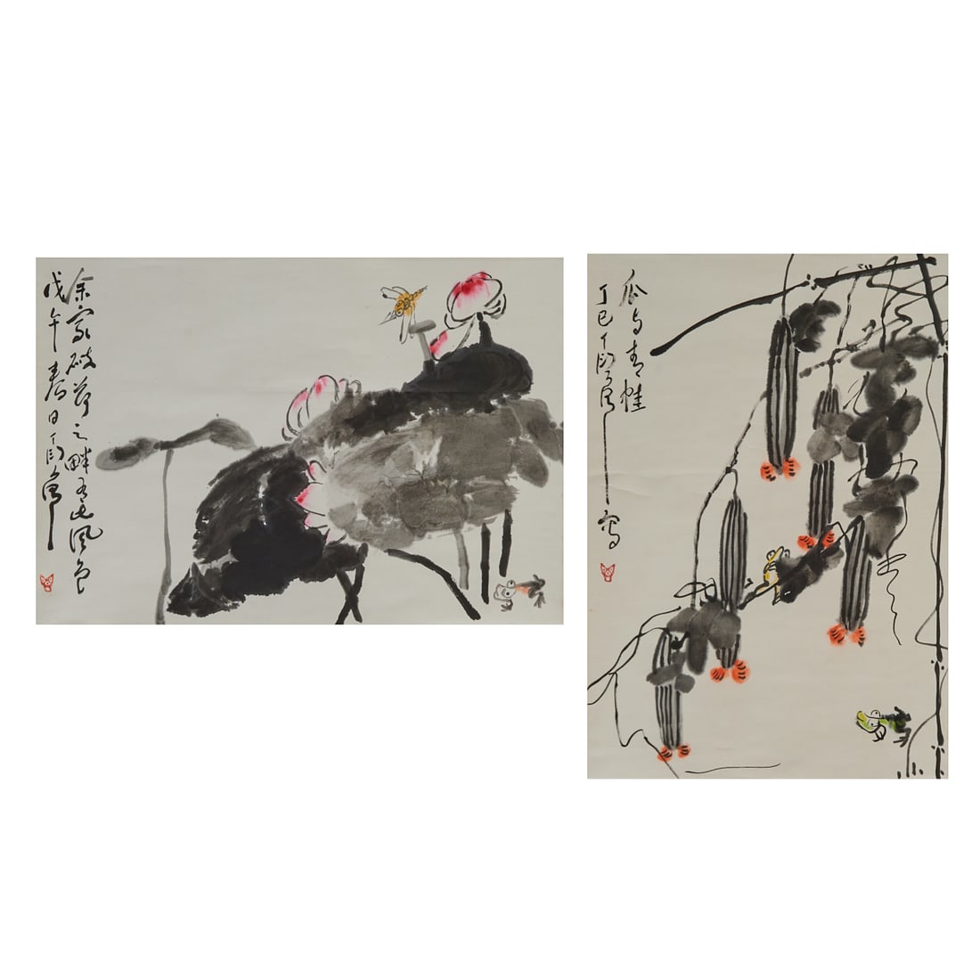 Ding Yanyong: Two Painted Hanging Scrolls of Frogs and Botanical Subjects: Ding Yanyong (1902-1978):Two Painted Scrolls Including 'Water Lilies andFrog','Zucchinis andFrogs.' Ink and color on paper. Inscribed and signed with seals.{Approximate image dimensions: Water lilies