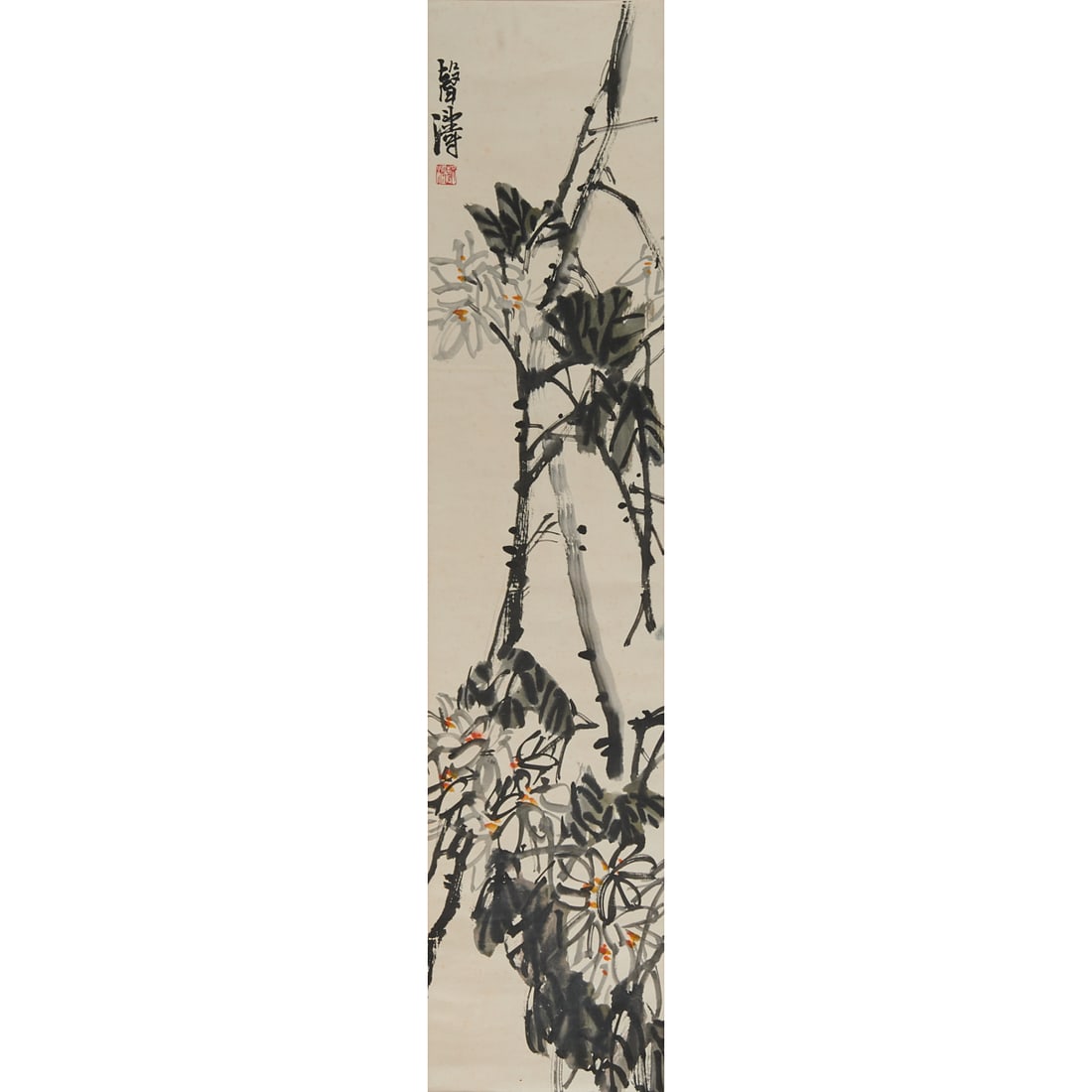 Zhuang Shengtao (b.1944): 'Flower', Hanging Scroll: Zhuang Shengtao ??? (b.1944): 'Flower', Hanging Scroll. Ink and light color on paper, signed and sealed, circa 1970s.{Image size: 42 1/2 x 9 1/2 inches}.
