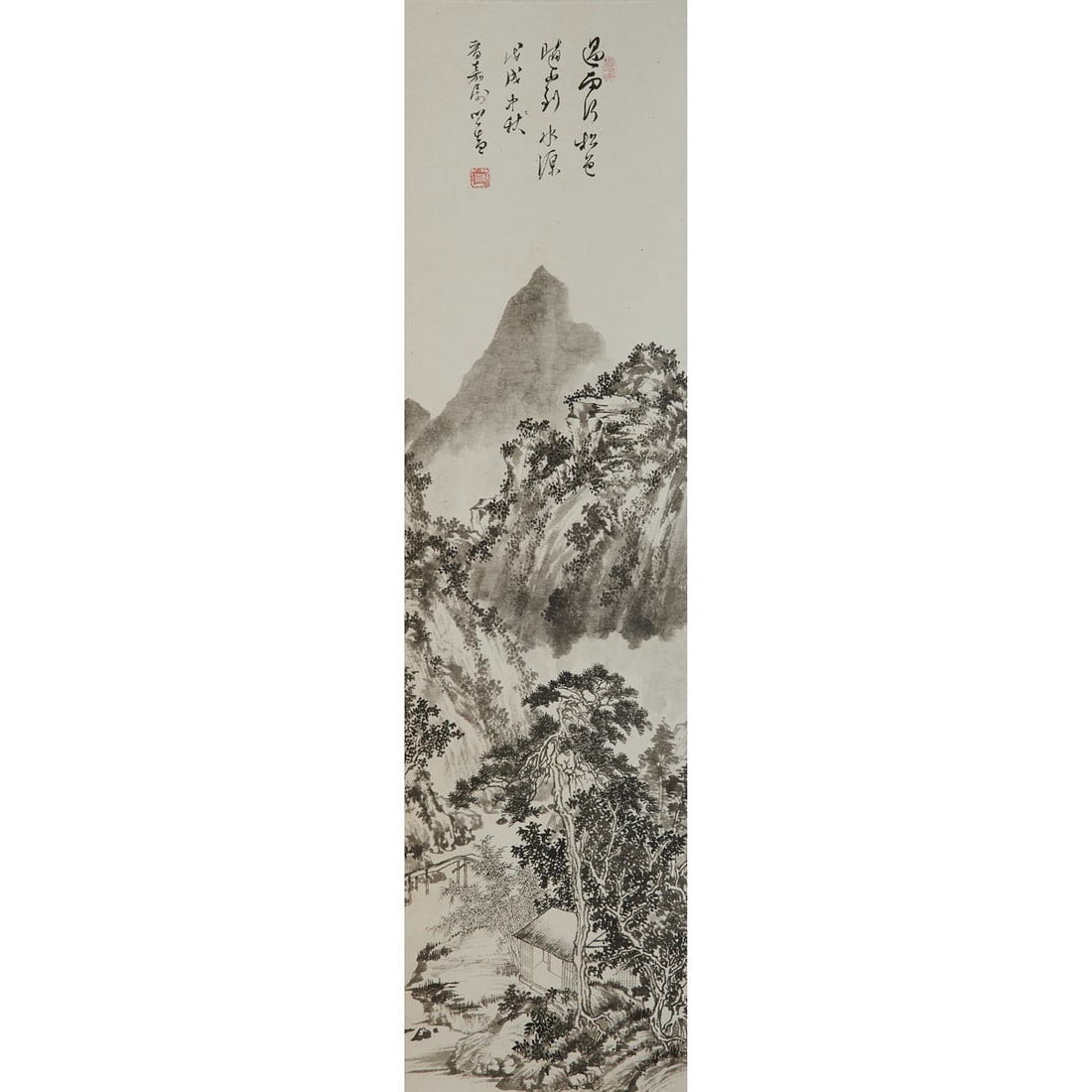Pu Ru (1896-1913): 'Landscape' Hanging Scroll: Pu Ru (1896-1913): 'Landscape' Hanging Scroll. Ink on paper. Inscribed and signed with seals. {38 7/8 x 10 1/4 inches}.