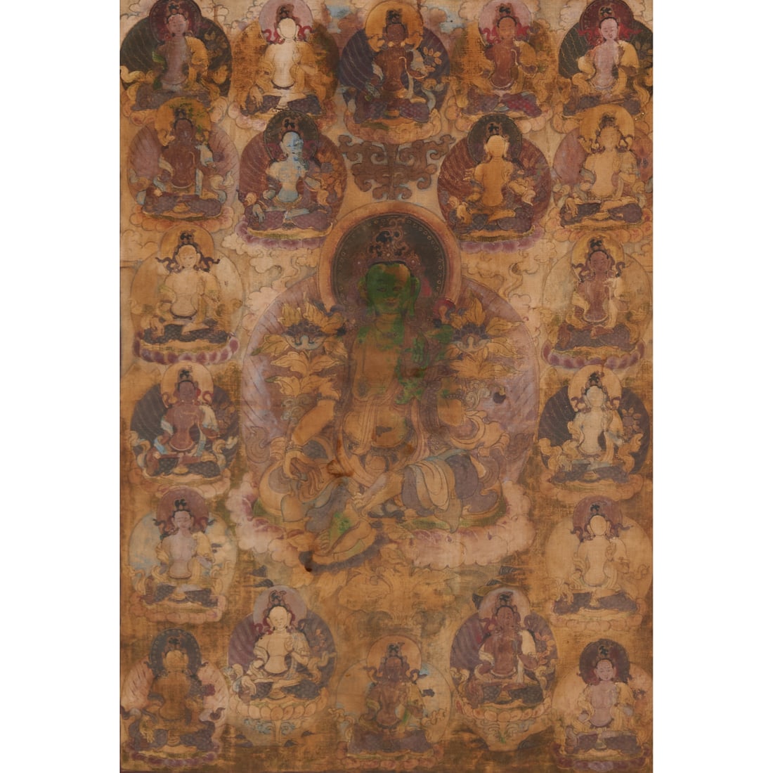 Framed Sino-Tibetan Painted Thangka, Green Tara: Framed Sino-Tibetan Painted Thangka, Green Tara. Ink and color on cloth, depicting a central seated bodhisattva figure, likely Green Tara, shown in meditation within a lotus base and halo, surrounded