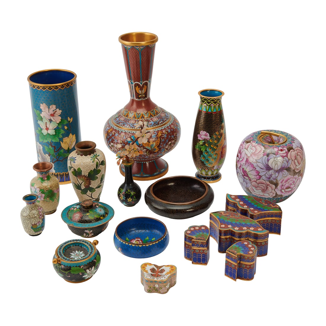 Large Collection of Chinese Cloisonne Items, Vases, Bowls, and Boxes. (1 of 6)