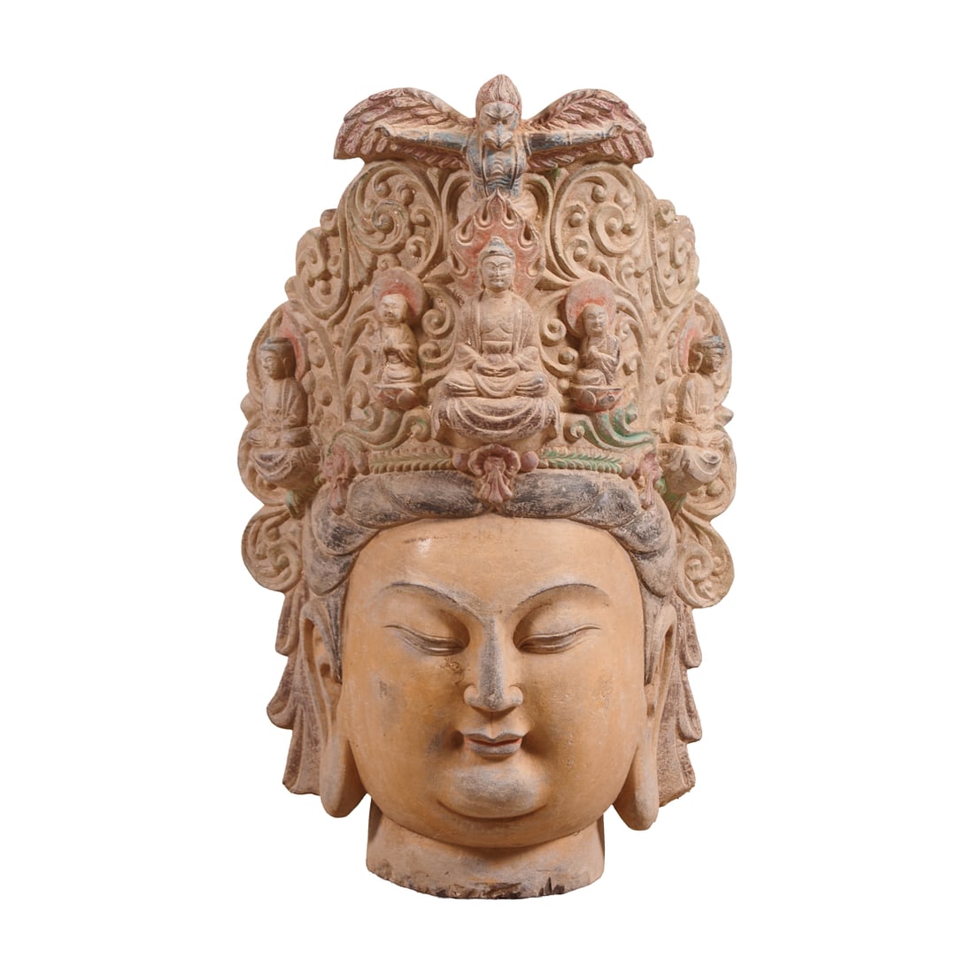 Large Chinese Carved and Polychrome Painted Stone Buddha Head (1 of 4)