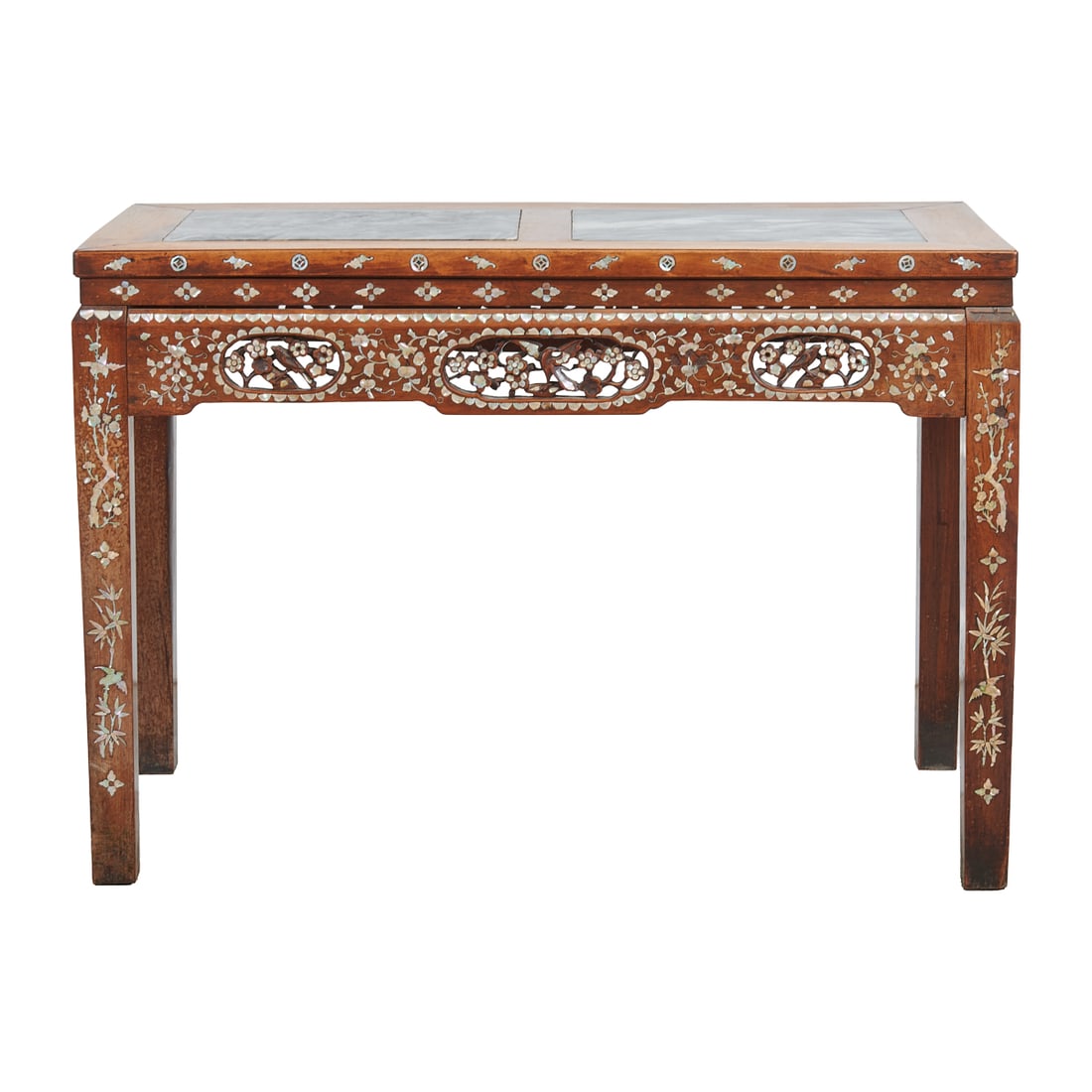 Chinese Hardwood Console Table with Mother-of-Pearl Inlay and Marble Top (1 of 5)