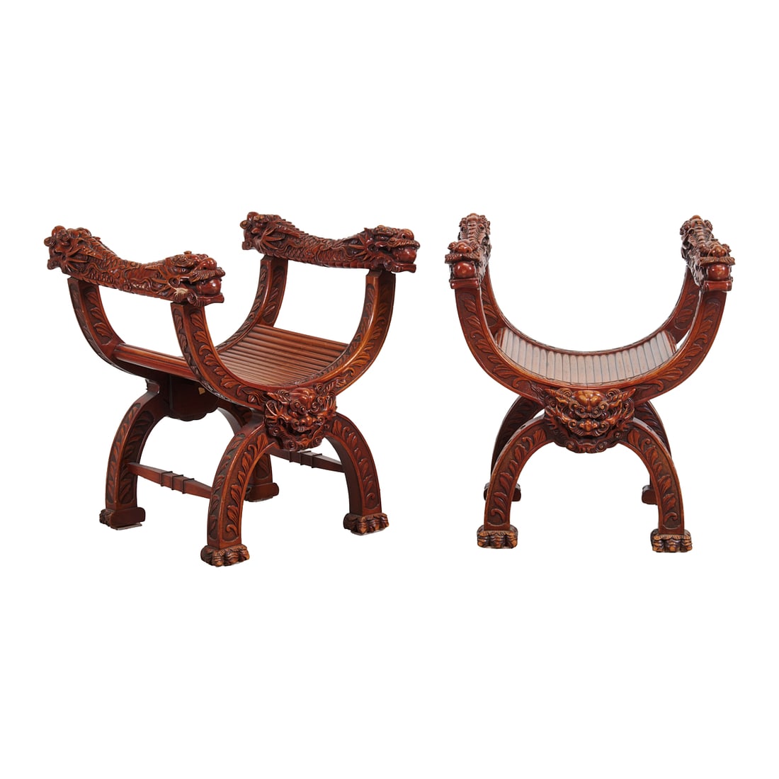 Pair of Chinese Heavily Carved Hardwood Throne-Form Stools. (1 of 5)