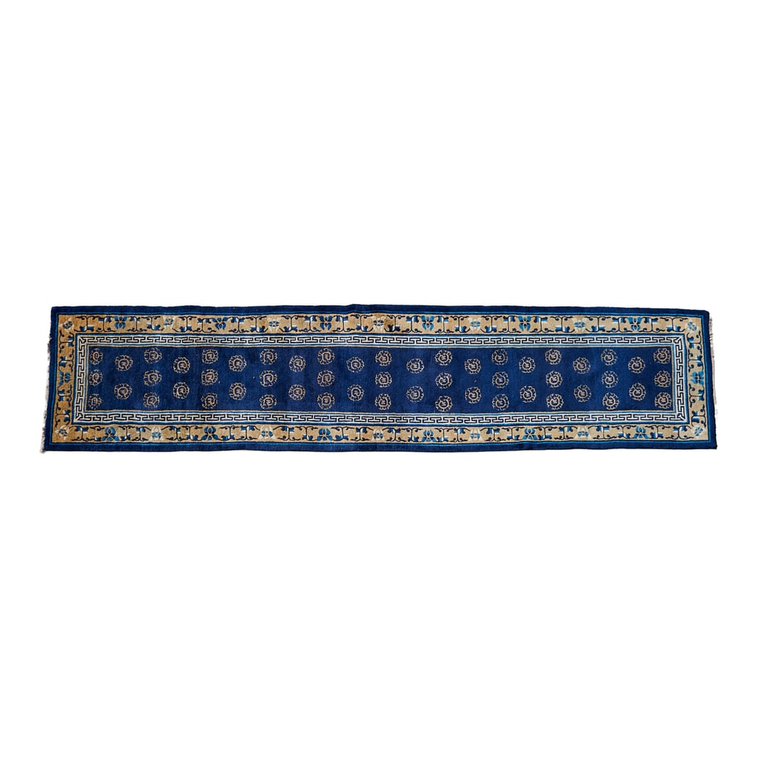 Chinese Nichols Style Runner: Chinese Nichols Style Runner, woven in blue off white, and black threads, the blue field with golden stylized mons, and with styled Greek key in black on off white, blue bands, and primary border of
