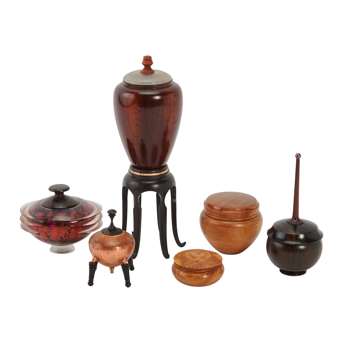Collection of Small Scale Turned Wood and Metal Jars and Vessels: Collection of Small Scale Turned Wood and Metal Jars and Vessels, by Bob Krauss, Leon Lacoursiere, Dennis Stewart, and Lynn Hull, made in a variety of exotic and familiar woods, metal and
